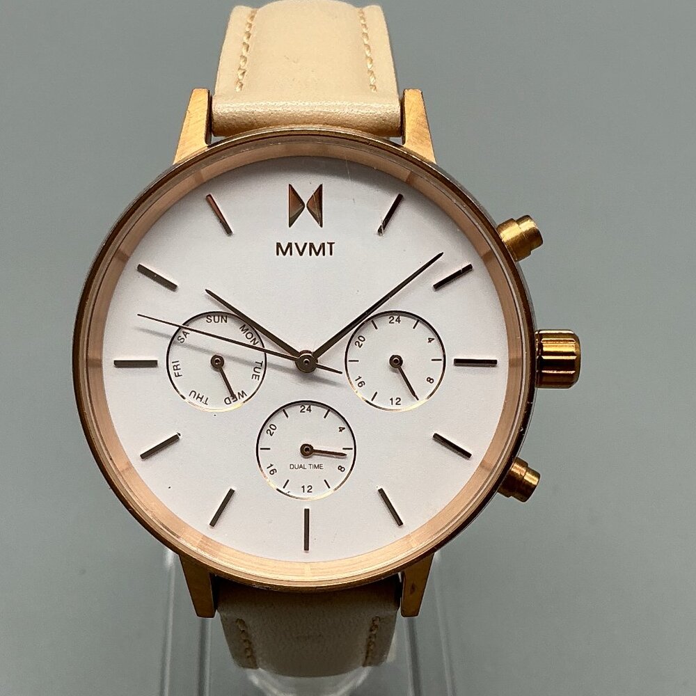 MVMT Nova Luna Chronograph Watch Women 38mm Rose Gold Tone Leather New Battery